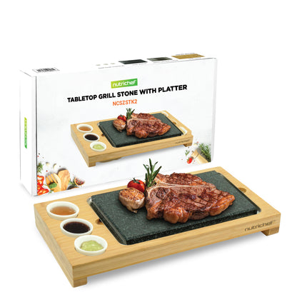 Sizzle Hot Stone Cooking Set - Tabletop Grill With Bamboo Platter Ceramic Sauce Bowls And Stainless Steel Tray