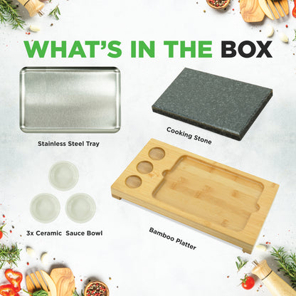 Sizzle Hot Stone Cooking Set - Tabletop Grill With Bamboo Platter Ceramic Sauce Bowls And Stainless Steel Tray