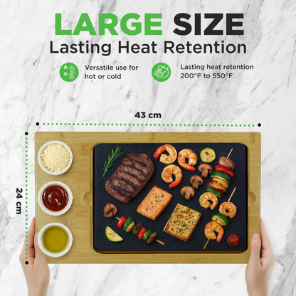 Sizzle Hot Stone Cooking Set - Tabletop Grill With Bamboo Platter Ceramic Sauce Bowls And Stainless Steel Tray