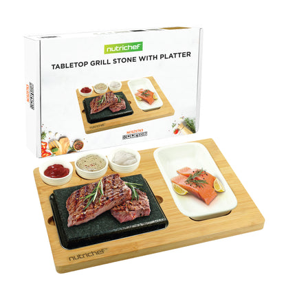 Sizzle Hot Stone Cooking Set - Tabletop Grill With Bamboo Platter Ceramic Sauce Bowls And Stainless Steel Tray