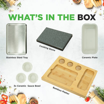 Sizzle Hot Stone Cooking Set - Tabletop Grill With Bamboo Platter Ceramic Sauce Bowls And Stainless Steel Tray