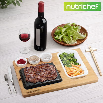 Sizzle Hot Stone Cooking Set - Tabletop Grill With Bamboo Platter Ceramic Sauce Bowls And Stainless Steel Tray
