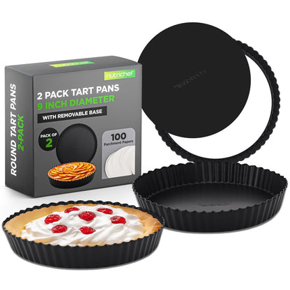 NutriChef 2-Pack Nonstick Round Tart Pans with Removable Bottoms – 9-Inch Carbon Steel + 100 Parchment Papers 


 NCTRT2BK