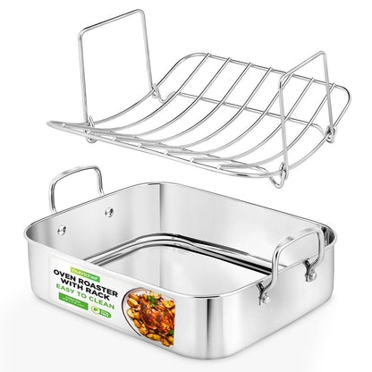 NutriChef Stainless Steel Oven Roasting Pan with Polished Rack and Wire Handle
 NCTURKSS26