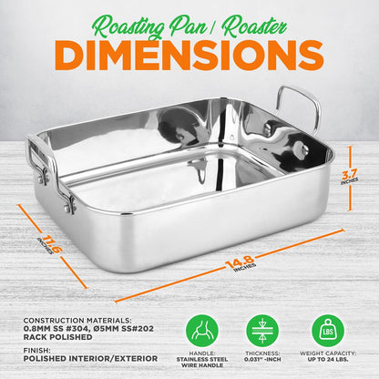 NutriChef Stainless Steel Oven Roasting Pan with Polished Rack and Wire Handle
 NCTURKSS26
