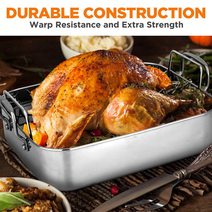NutriChef Stainless Steel Oven Roasting Pan with Polished Rack and Wire Handle
 NCTURKSS26