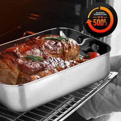 NutriChef Stainless Steel Oven Roasting Pan with Polished Rack and Wire Handle
 NCTURKSS26