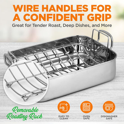 NutriChef Stainless Steel Oven Roasting Pan with Polished Rack and Wire Handle
 NCTURKSS26