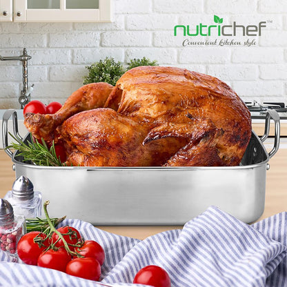 NutriChef Stainless Steel Oven Roasting Pan with Polished Rack and Wire Handle
 NCTURKSS26