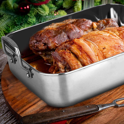 NutriChef Stainless Steel Oven Roasting Pan with Polished Rack and Wire Handle
 NCTURKSS26
