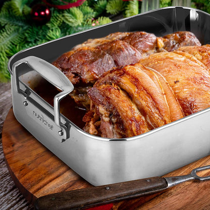 NutriChef Stainless Steel Oven Roasting Pan with Polished Rack and Cast Handle
 NCTURKSS78