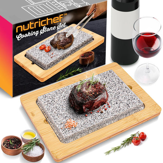NutriChef Sizzling Hot Granite Cooking Stone with Bamboo Platter PKLVST552